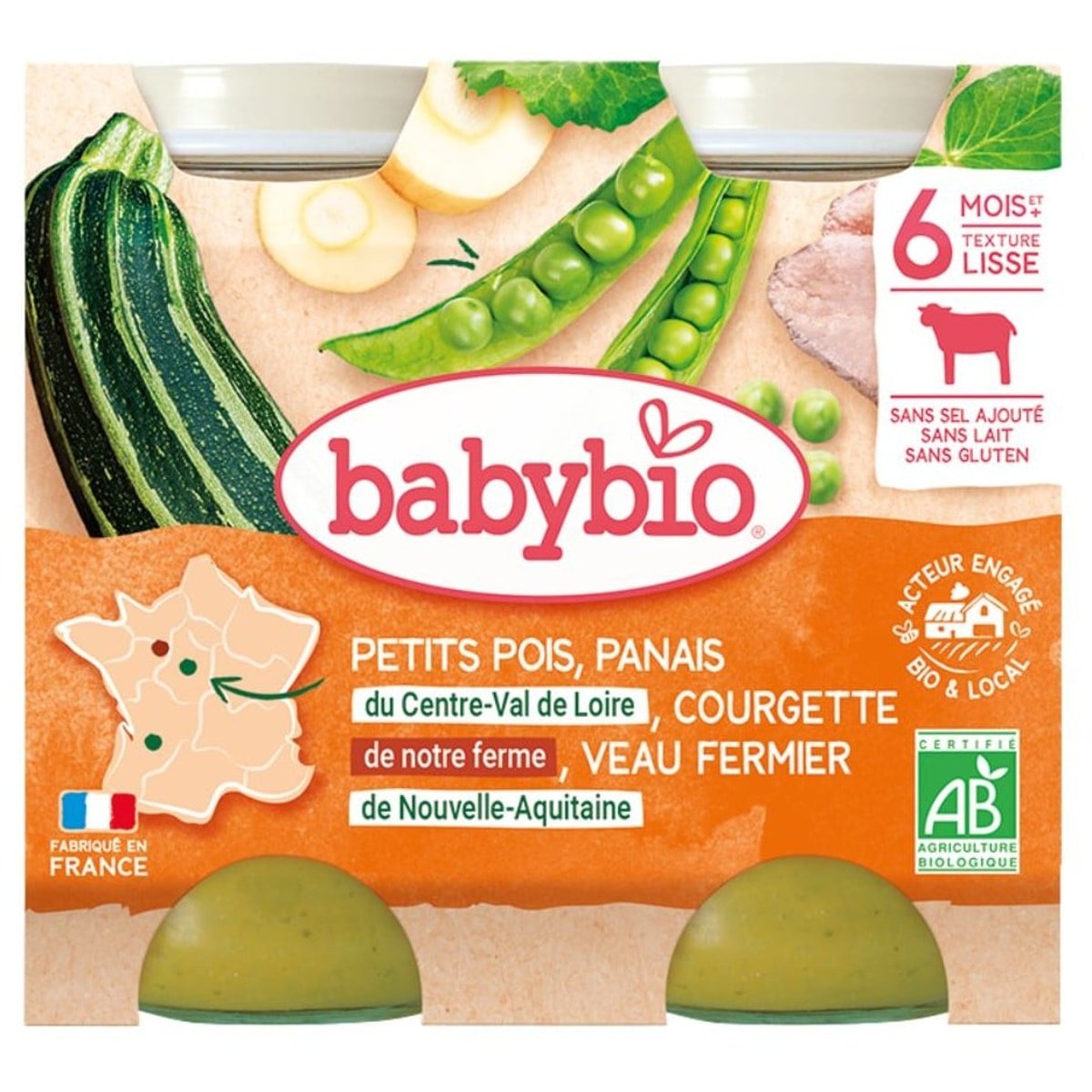 Babybio BIO Hrášek a pastiňák s cuketou a telecím masem (2×200g)