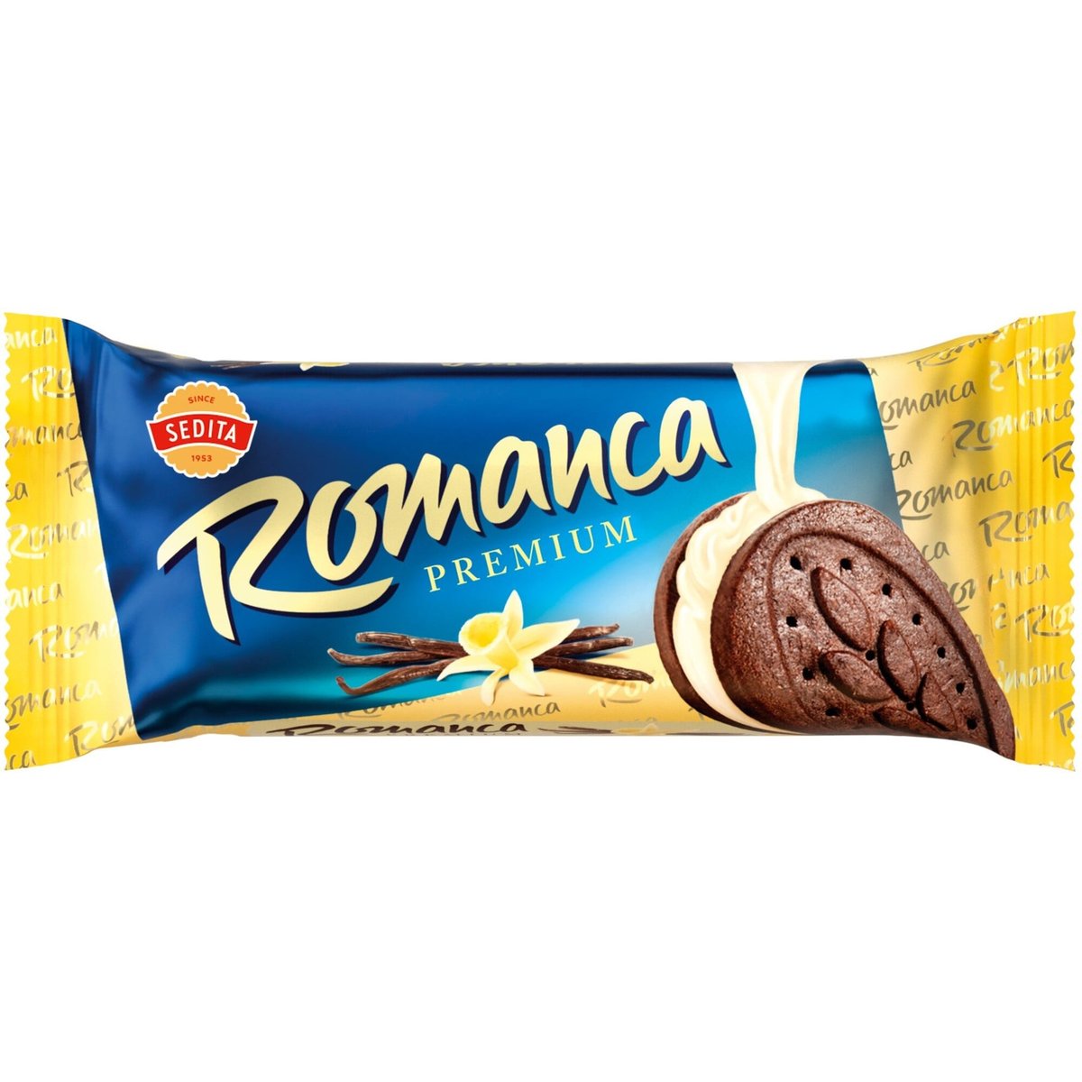 Sedita Romanca Premium Kakaové sušenky s čokoládou a s krémovou náplní s vanilkovou příchutí