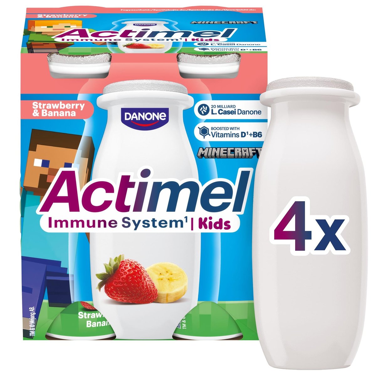 Actimel Kids Probiotický nápoj banán a jahoda 4×100 g