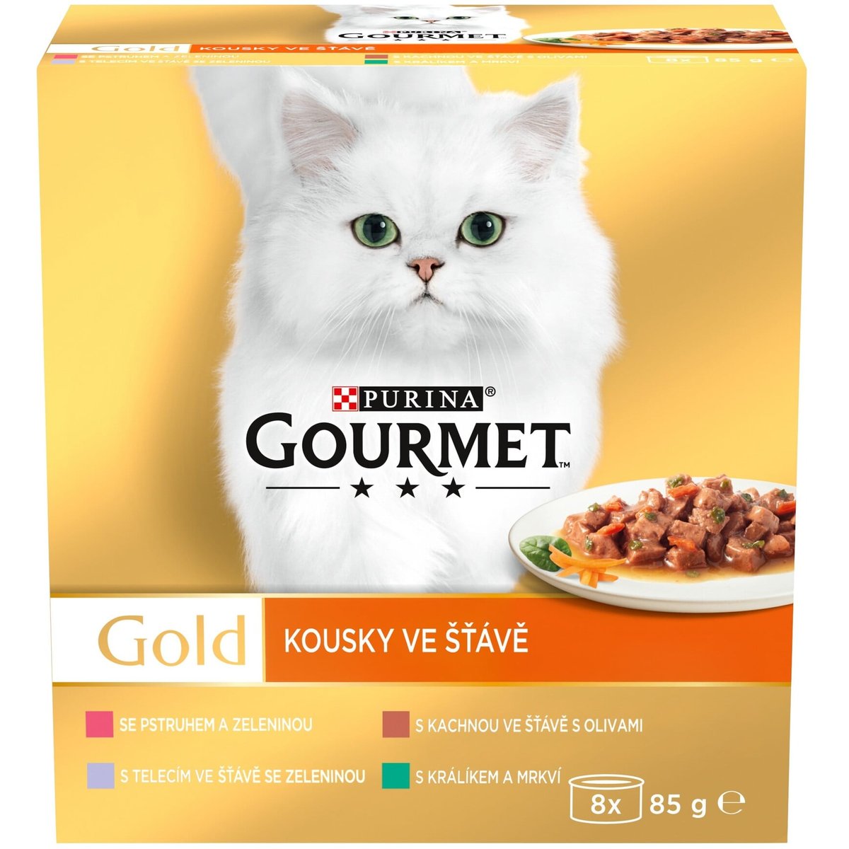Gourmet Gold konzervy pro kočky kachna, pstruh, králík, telecí ve šťávě 8×85 g
