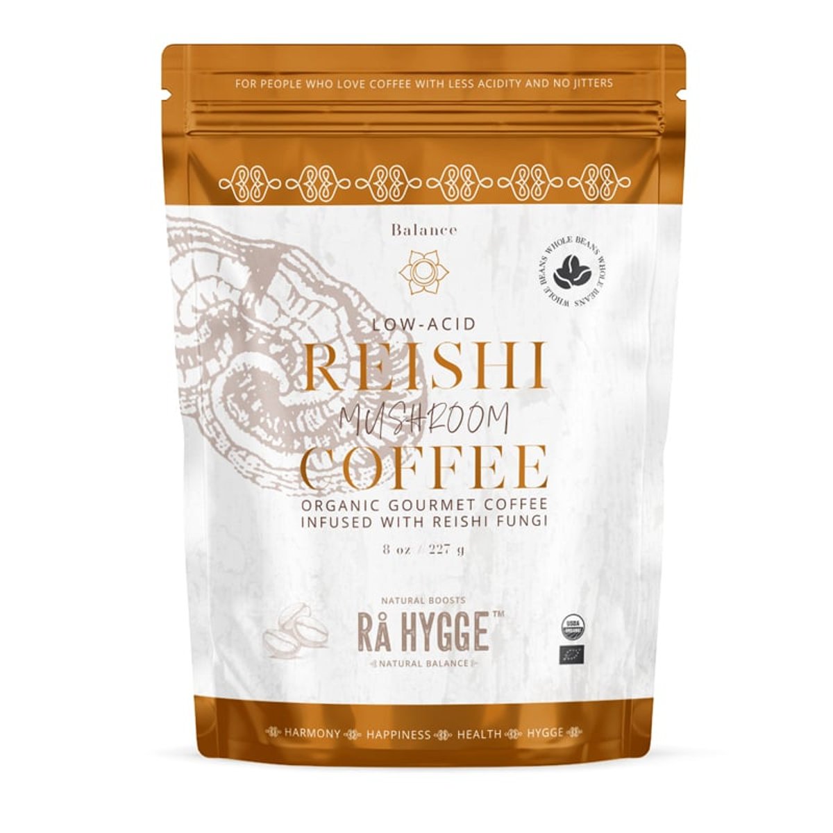 Rå Hygge BIO zrnková káva Peru Arabica REISHI