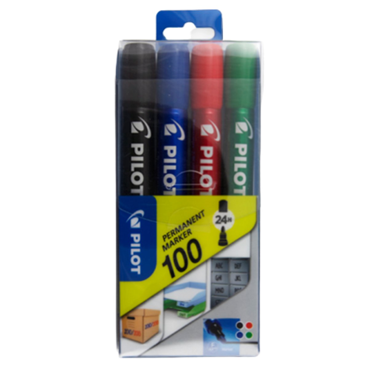Pilot 100, kulatý permanentní popisovač, 4 barvy, šířka stopy 1 mm, šířka hrotu 4,5 mm