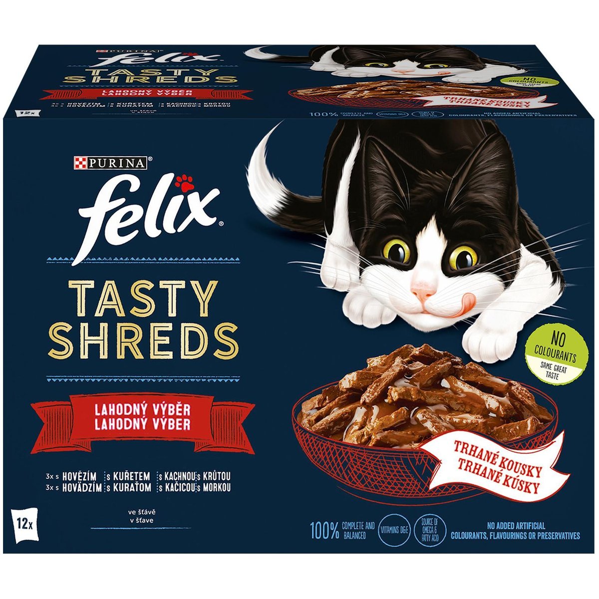 Felix Tasty Shreds kapsičky pro kočky hovězí, kuře, kachna, krůta ve šťávě 12×80 g