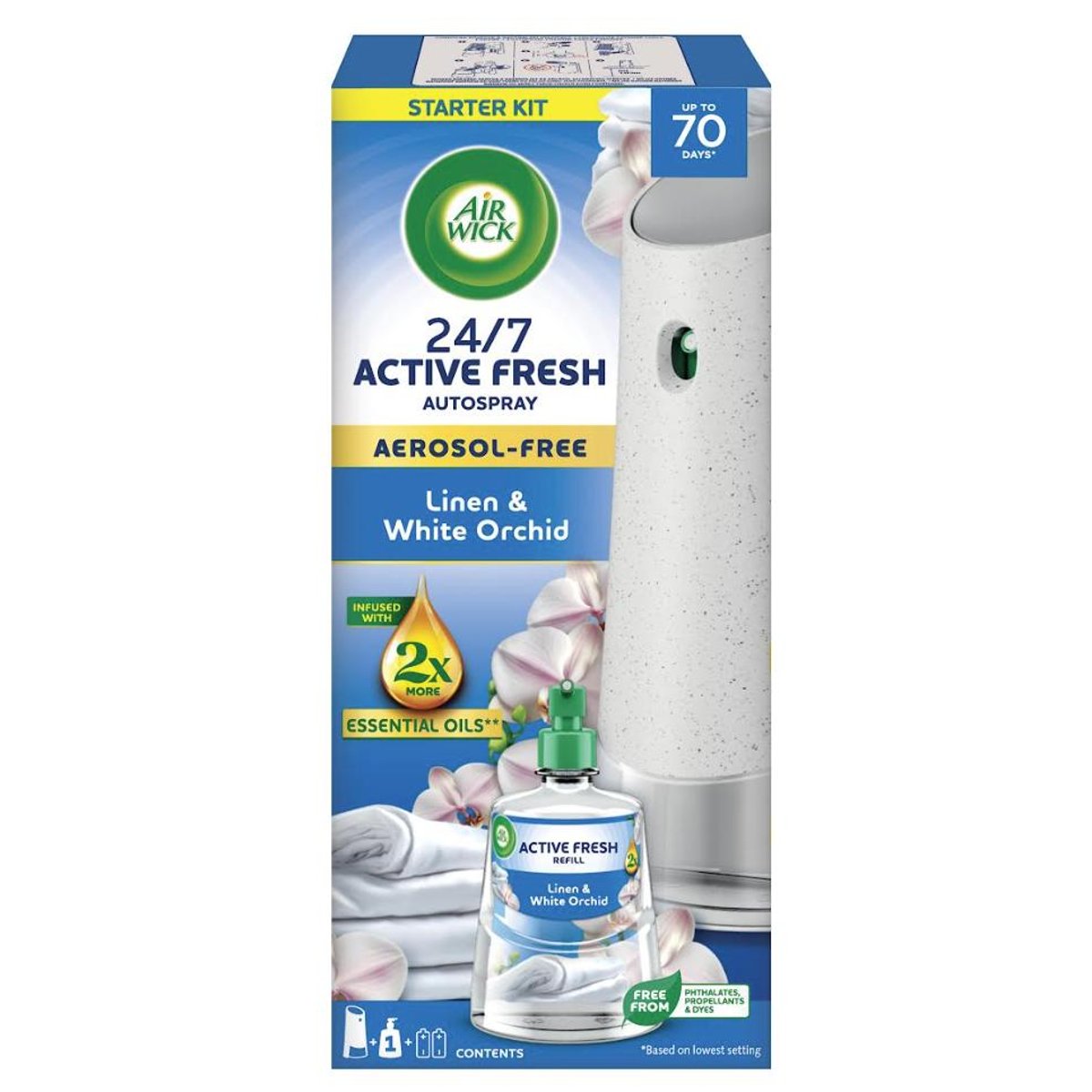 Air Wick Active Fresh automatický difuzér a náplň na vodní bázi – prádlo a bílá orchidej