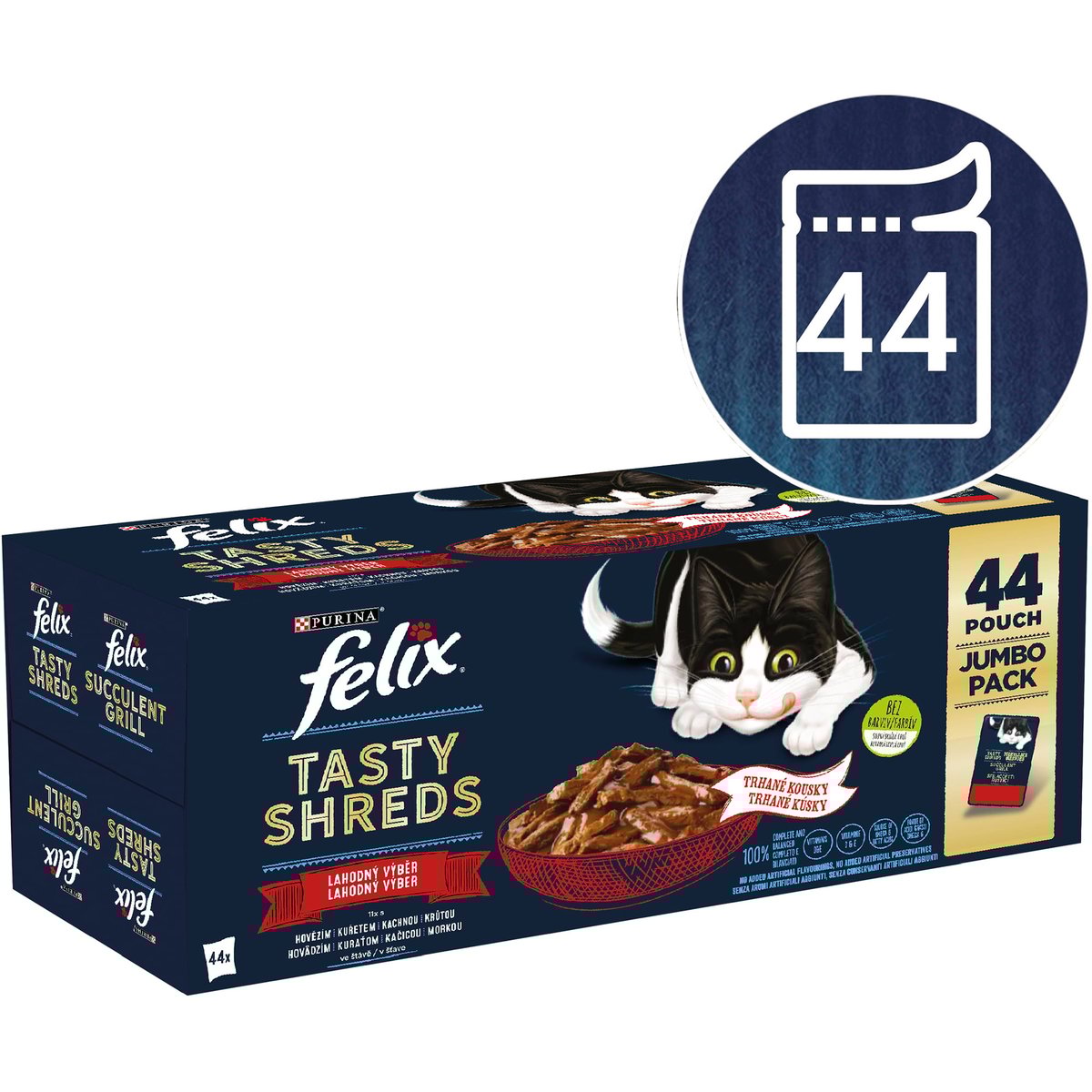Felix Tasty Shreds kapsičky pro kočky hovězí, kuře, kachna, krůta ve šťávě 44×80 g