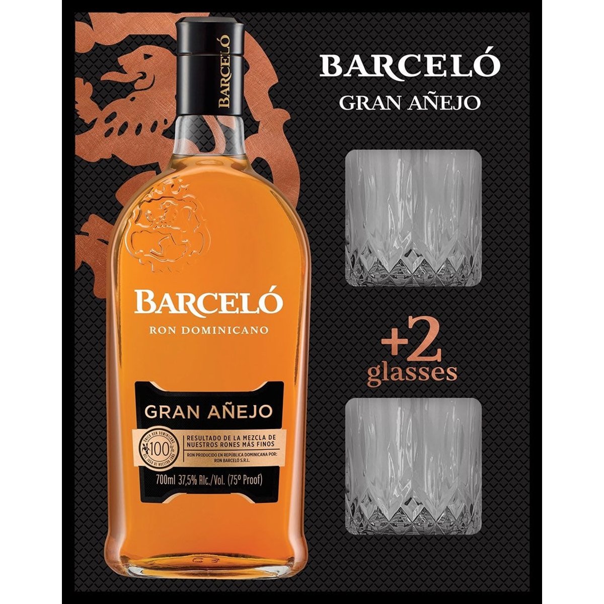 Barceló Gran Anejo rum 37,5% obj. se 2 sklenicemi, dárkové balení