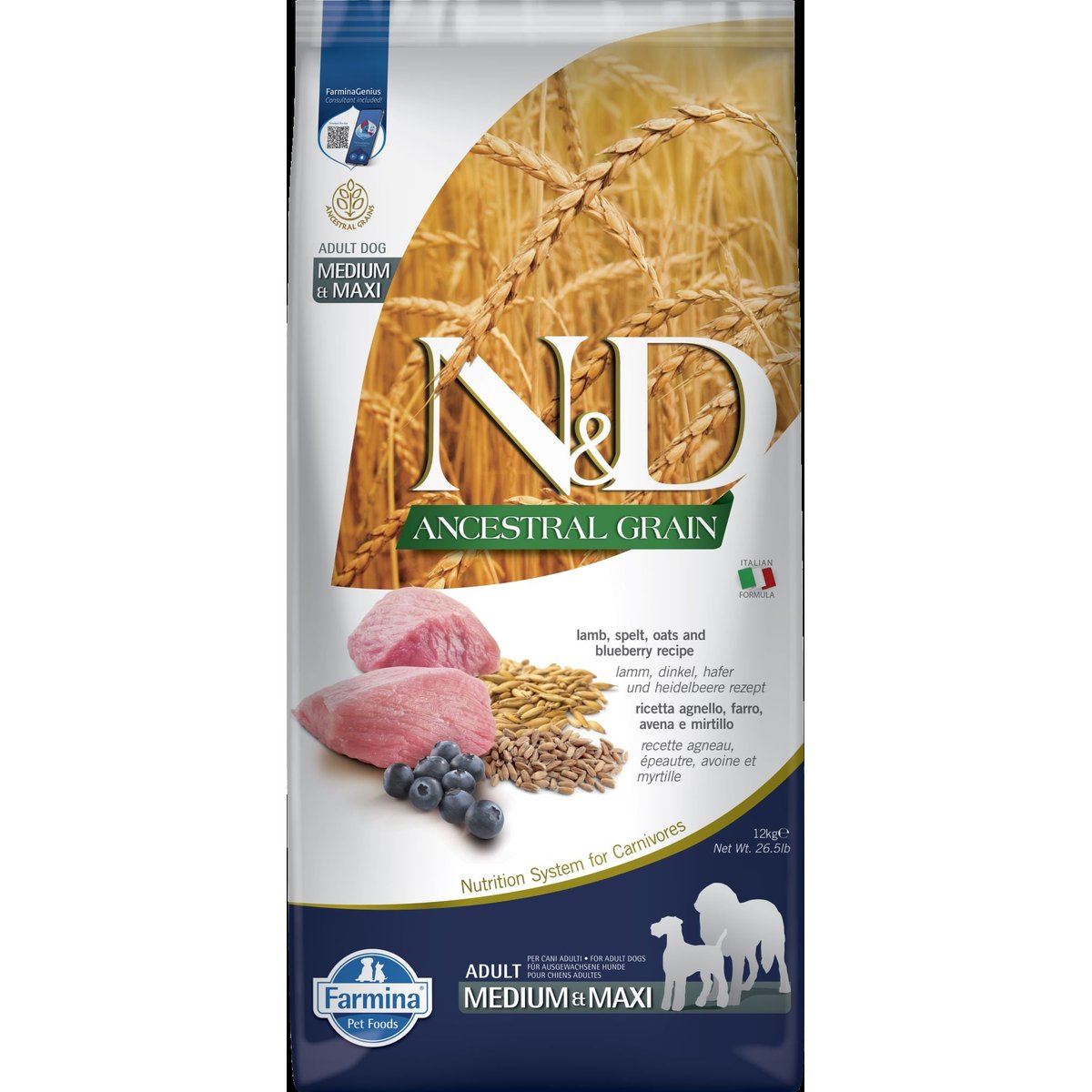 N&D Ancestral Grain granule pro dospělé psy středních a velkých plemen s jehněčím a borůvkami