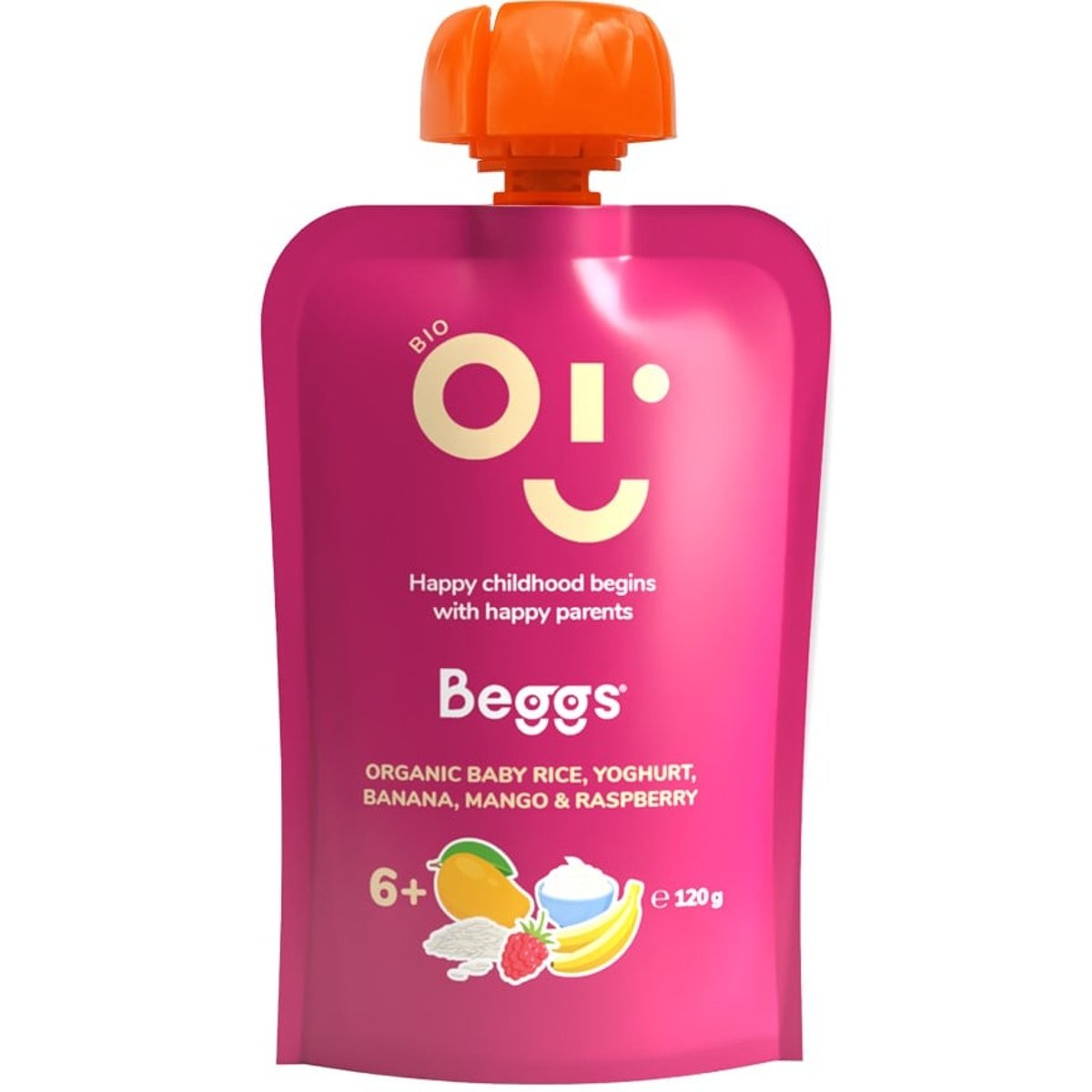 Beggs BIO Dětská rýže s jogurtem, banánem, mangem a malinami