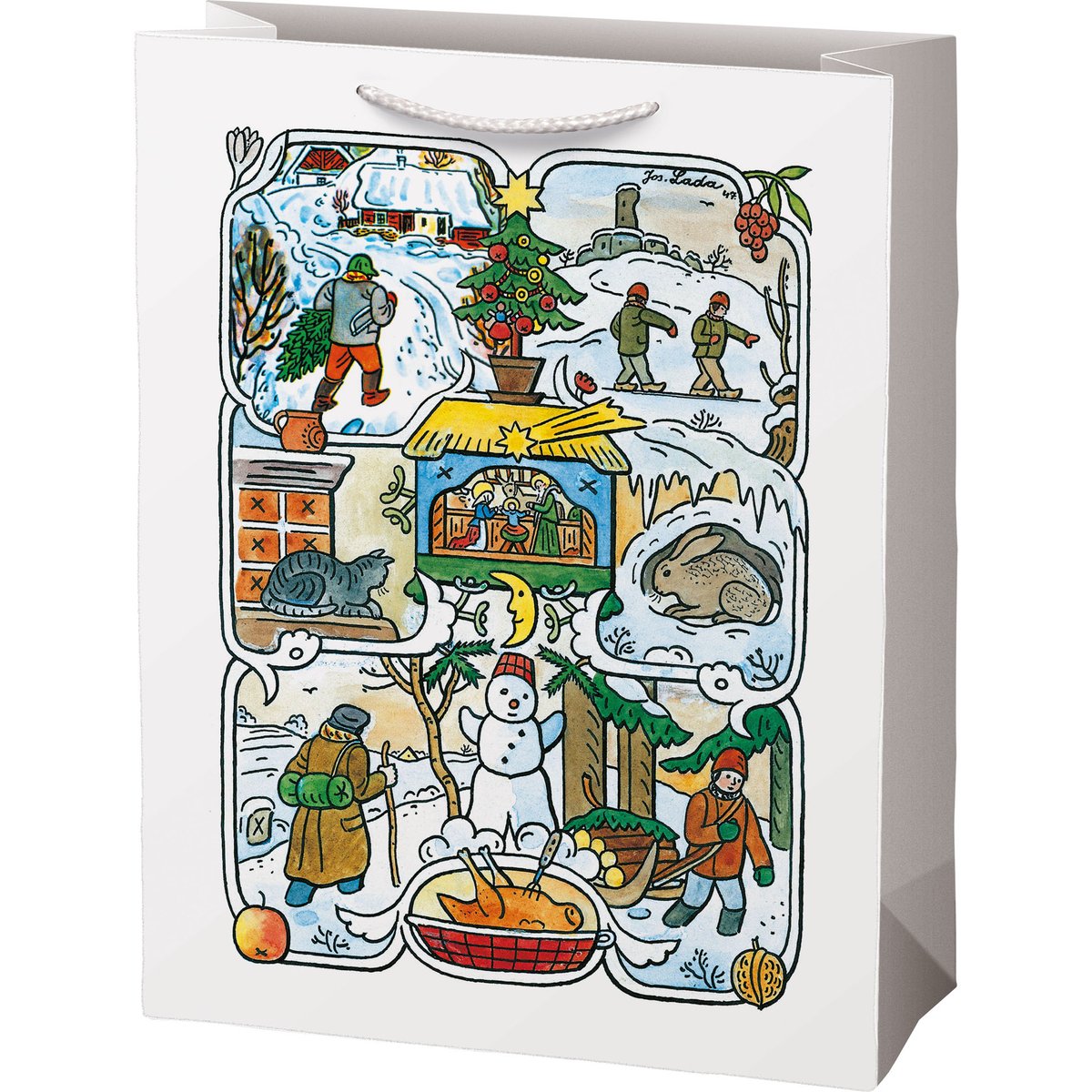 Vánoční dárková taška Josef Lada bílá, 26×34×14 cm