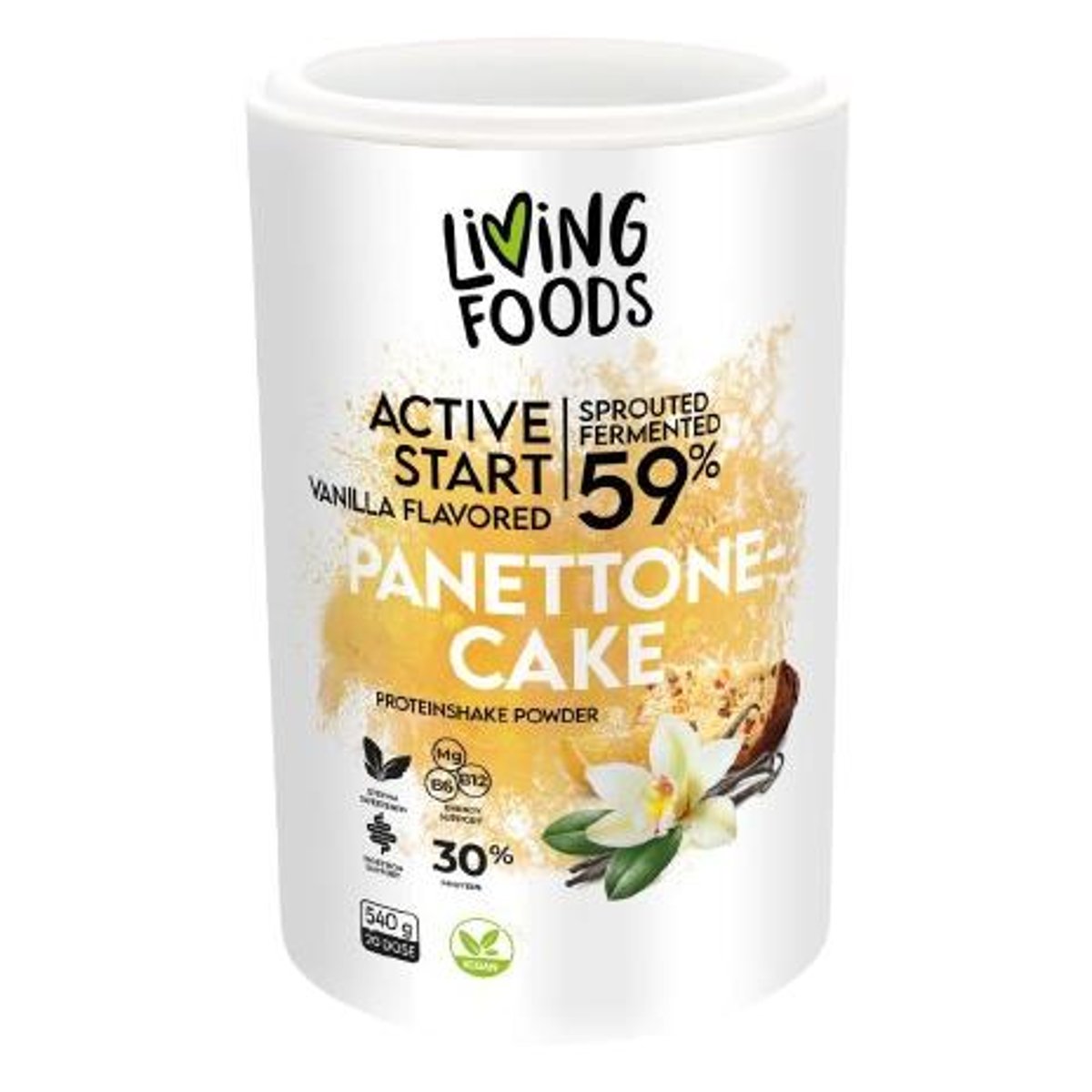 Living Foods Active start Panettone cake protein shake powder s vanilkovou příchutí