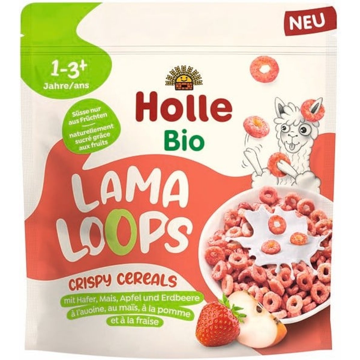 Holle Bio Dětské cereálie Lama Loops s jahodou a jablkem pro děti od 1 roku, 125 g