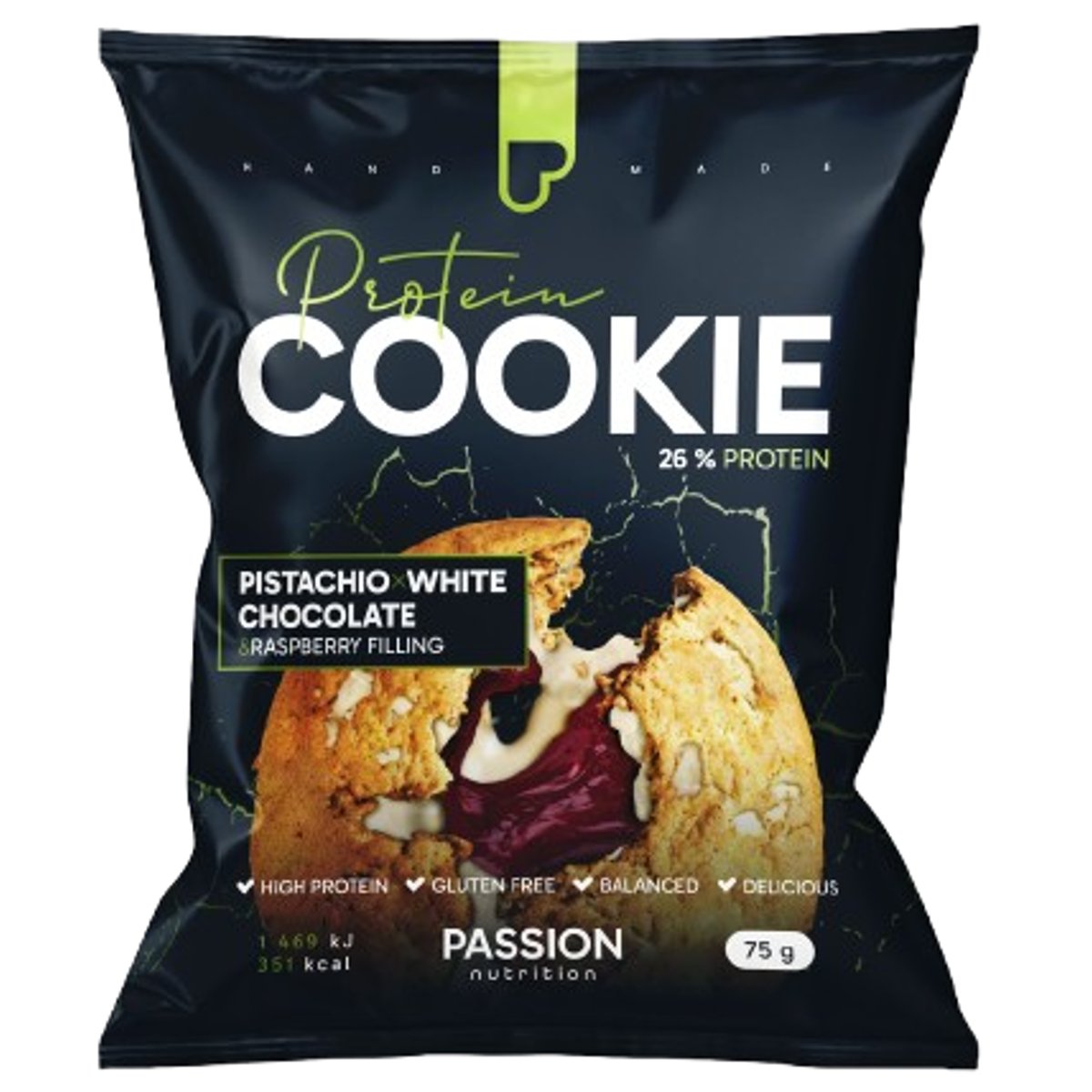 Passion Nutrition MPower Cookie Gain 75 g - Pistácie, bílá čokoláda/malinová náplň