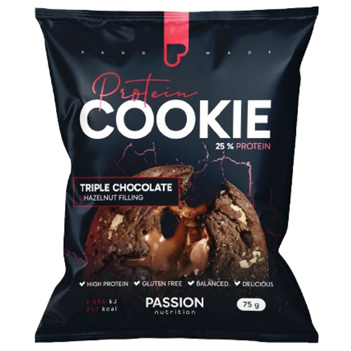 Passion Nutrition Plněná proteinová cookie s třemi druhy čokolády a lískooříškovou náplní