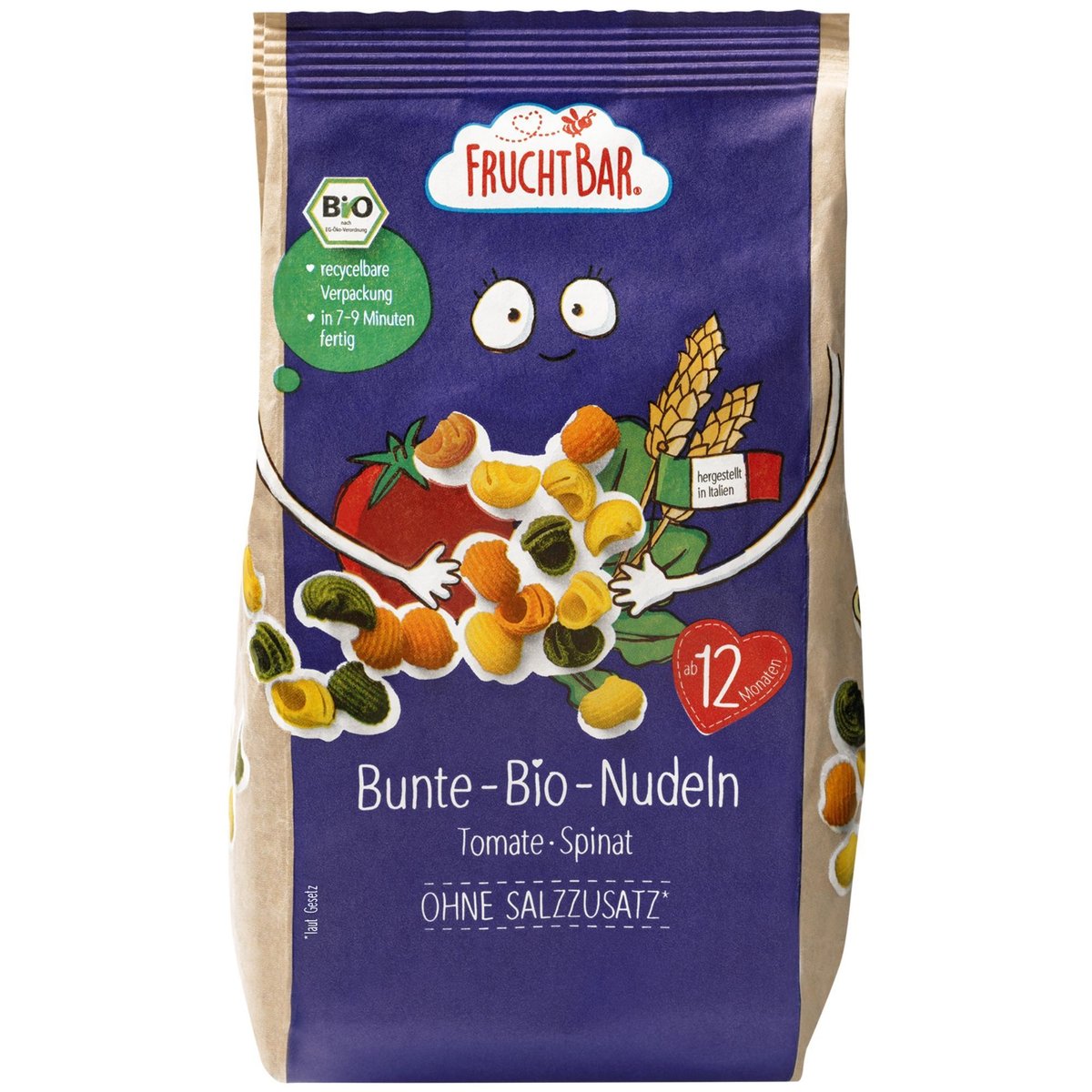 FruchtBar BIO Těstoviny s příchutí rajčat a špenátu