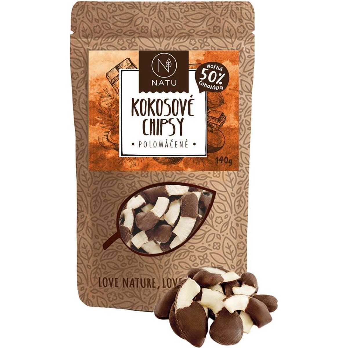 Natu Kokosové chipsy polomáčené v 50% hořké čokoládě