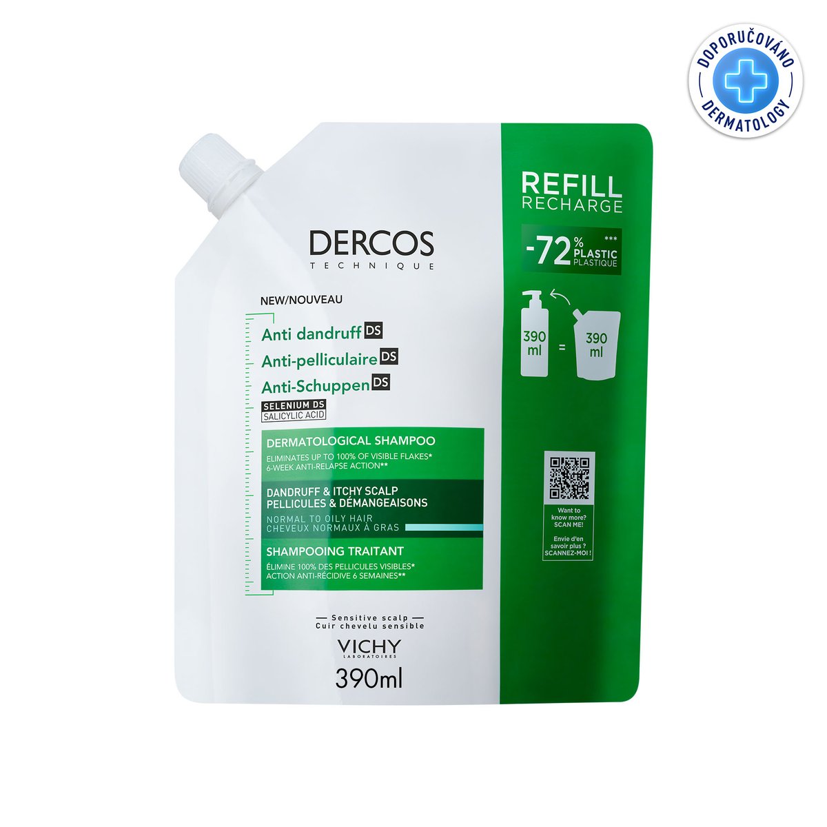 VICHY DERCOS Šampon lupy mastné vlasy náplň 390ml