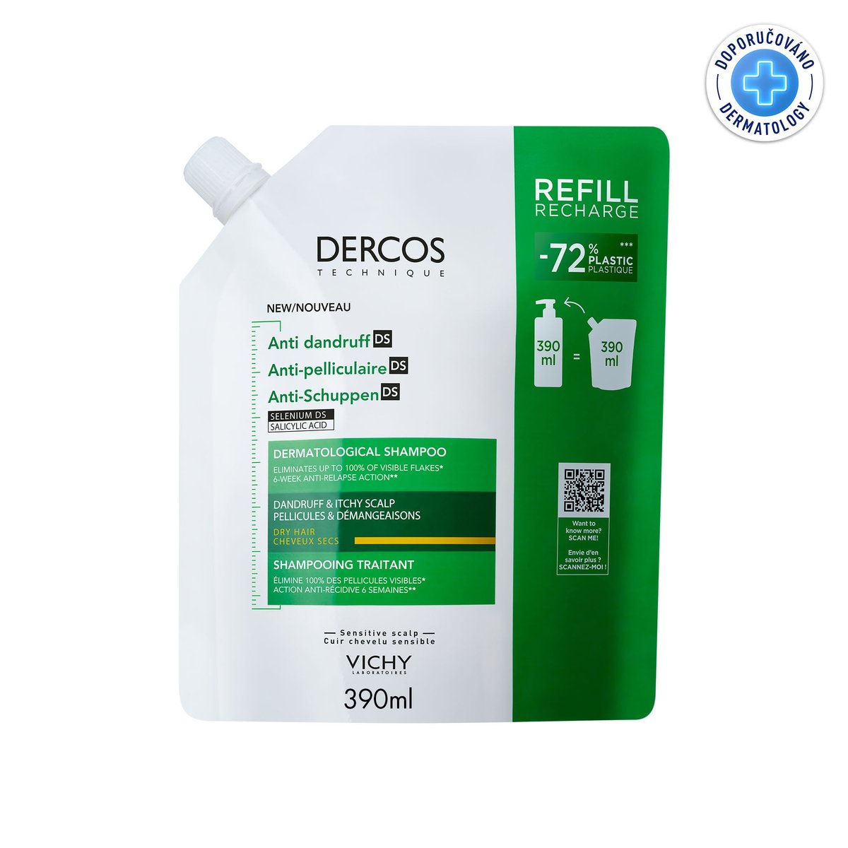 VICHY DERCOS Šampon lupy suché vlasy náplň 390ml