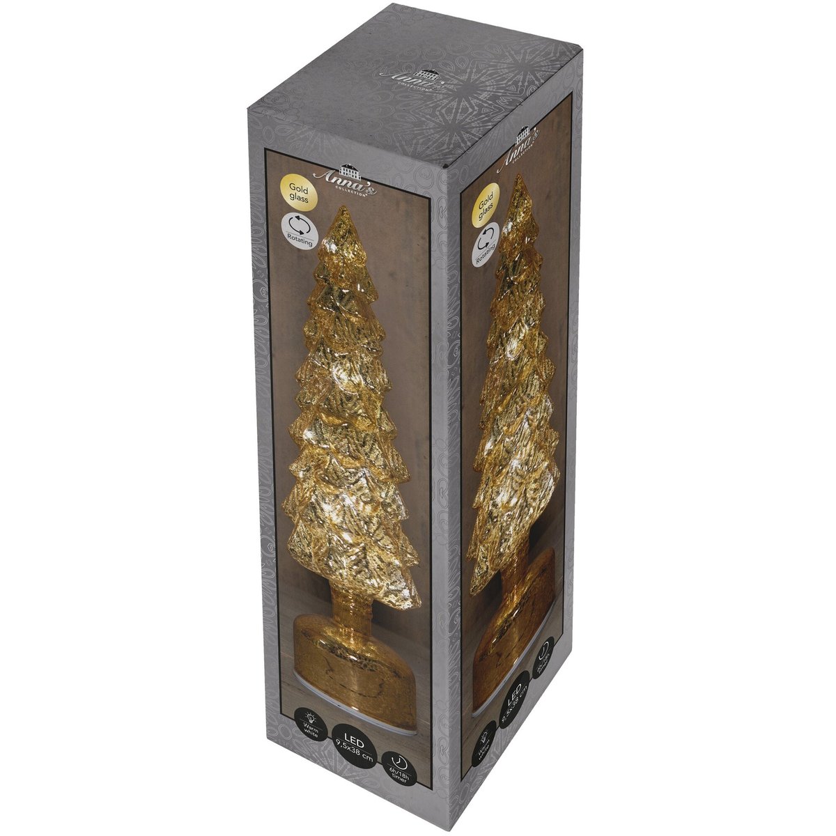 Anna's Collection Svítící vánoční dekorace s časovačem – otáčivý zlatý skleněný stromeček