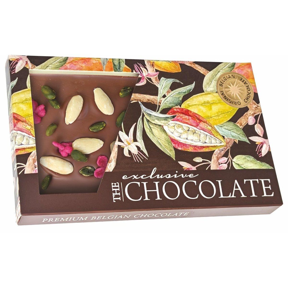 The Chocolate Formovaná mléčná čokoláda s mandlemi, pistáciemi a sušenými růžemi