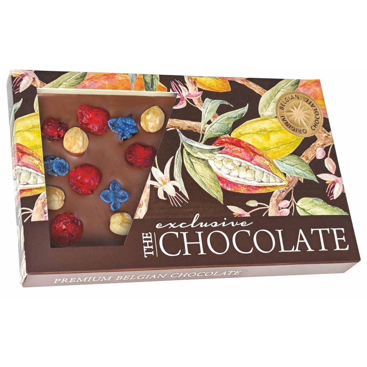 The Chocolate Formovaná mléčná čokoláda s lískovými oříšky, třešněmi a fialkami