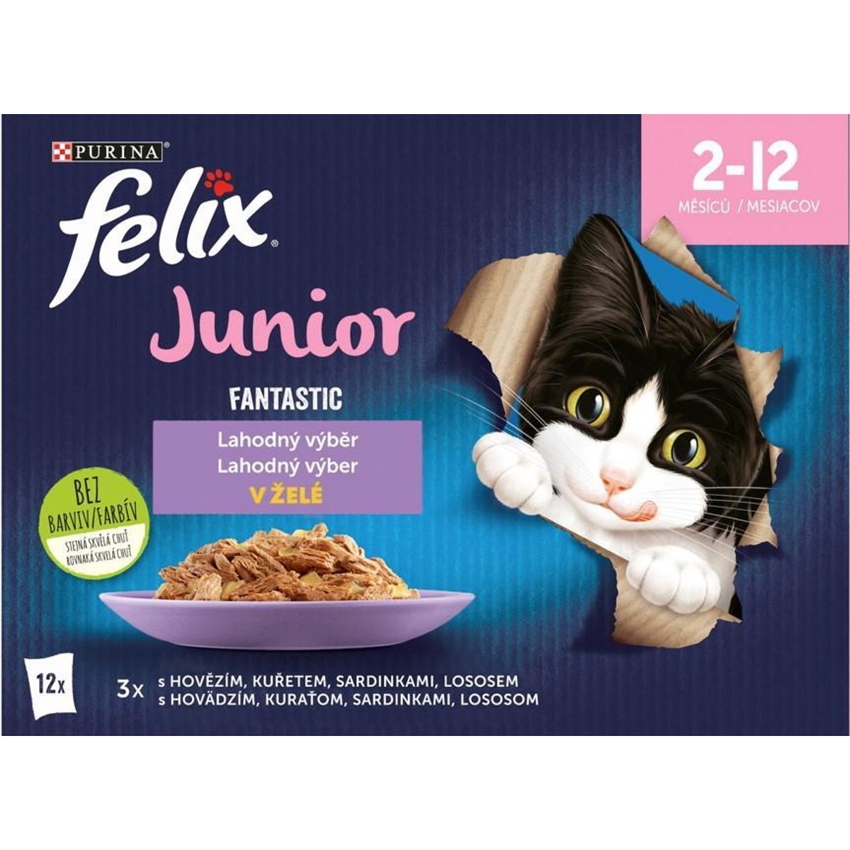Felix Fantastic Junior Multipack hovězí, kuře, sardinky a losos v želé pro kočky 12×85 g