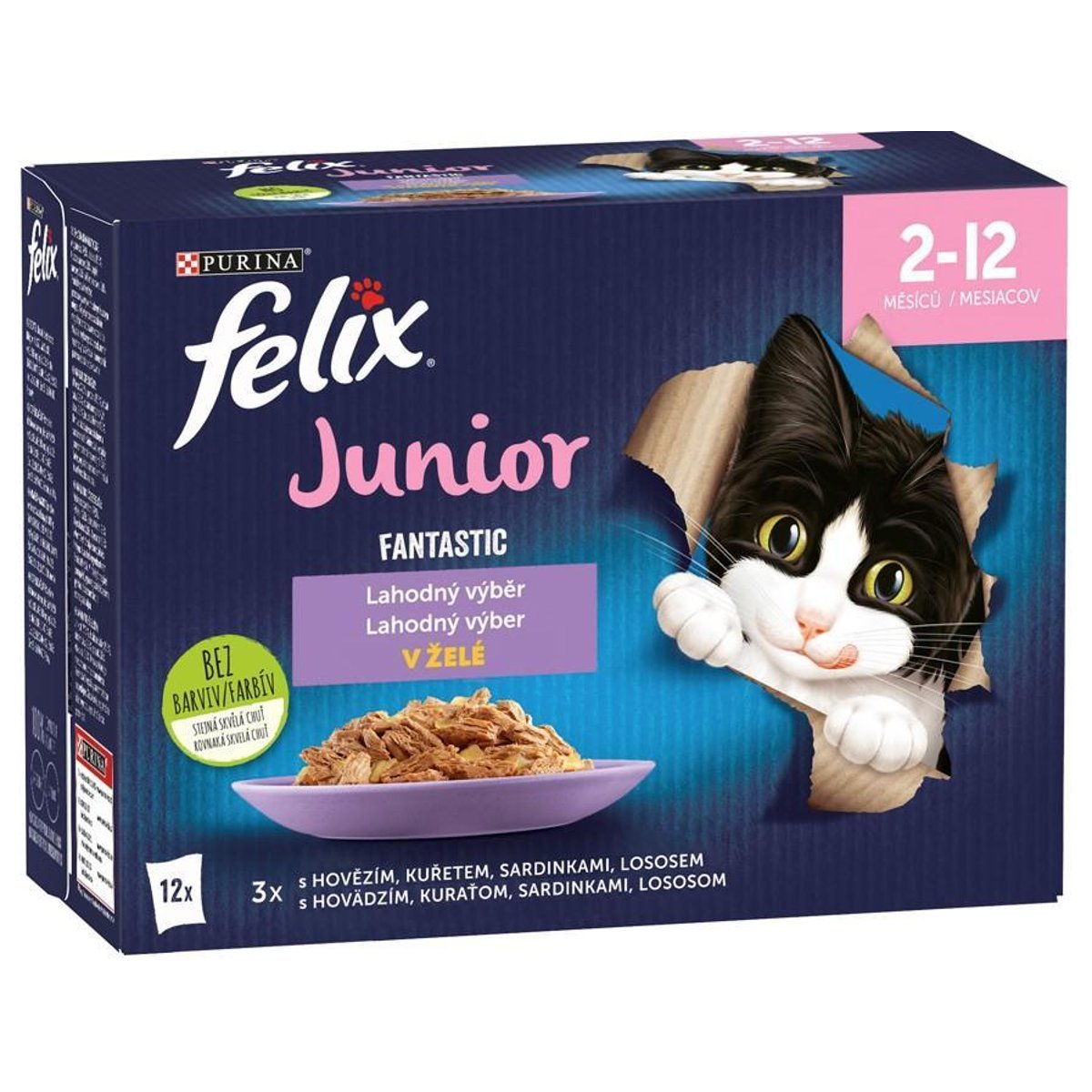 Felix Fantastic Junior kapsičky pro koťata hovězí, kuře, sardinky, losos v želé 12×85 g