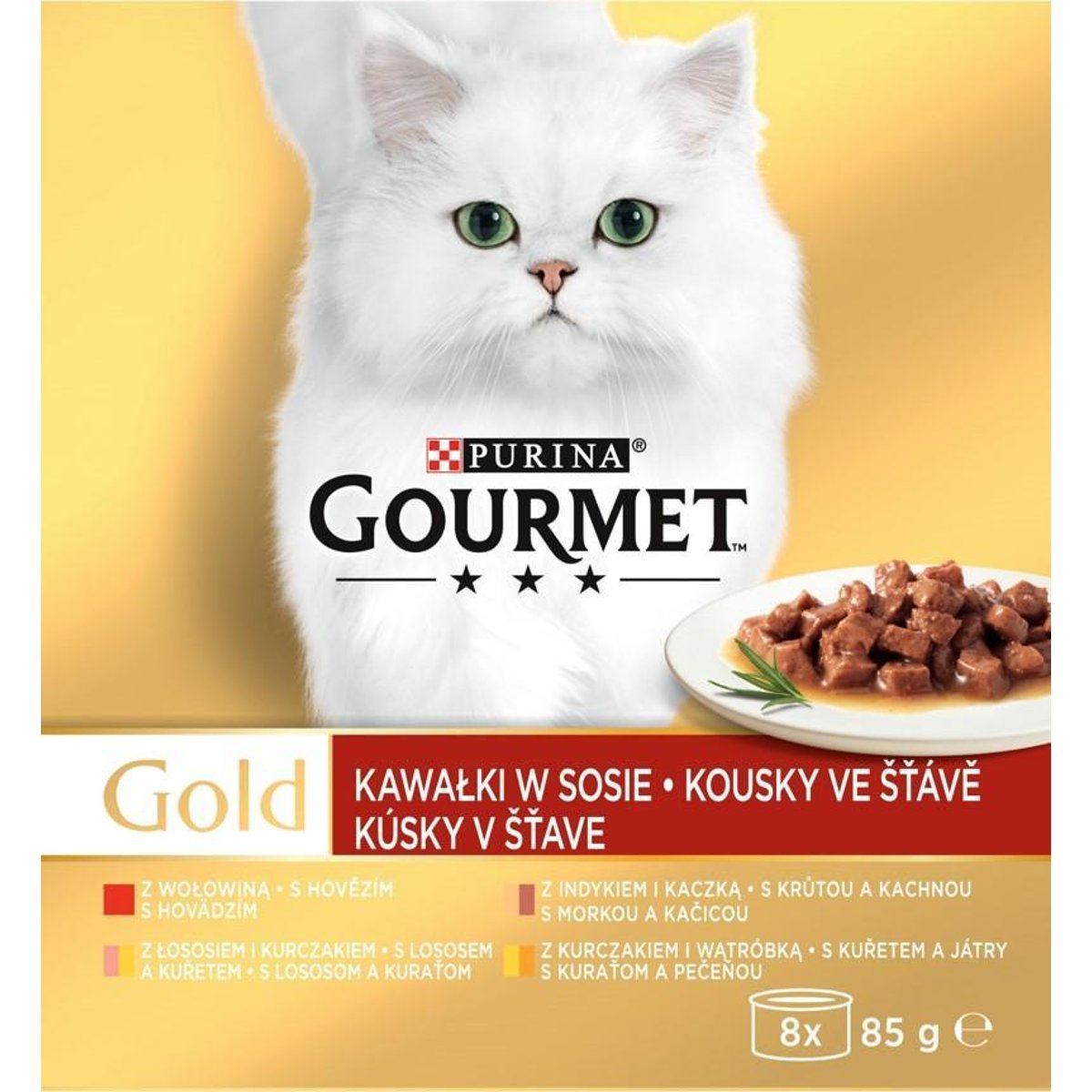 Gourmet Gold Multipack hovězí, krůta s kachnou, losos s kuřetem a kuře s játry ve šťávě 8×85 g