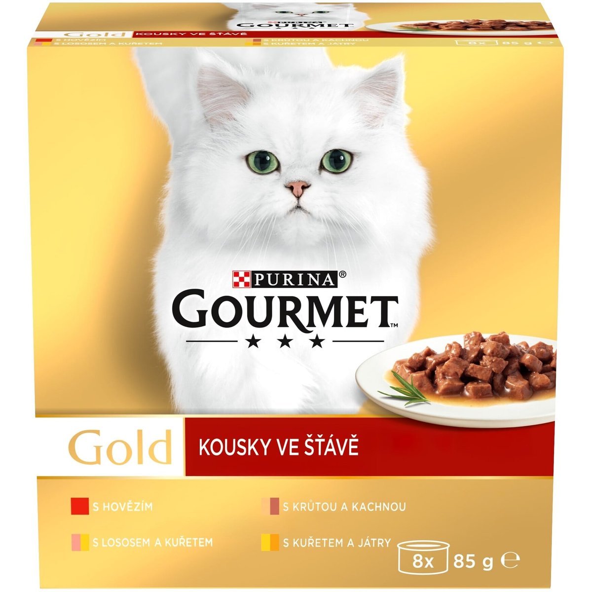 Gourmet Gold Multipack hovězí, krůta s kachnou, losos s kuřetem a kuře s játry ve šťávě 8×85 g