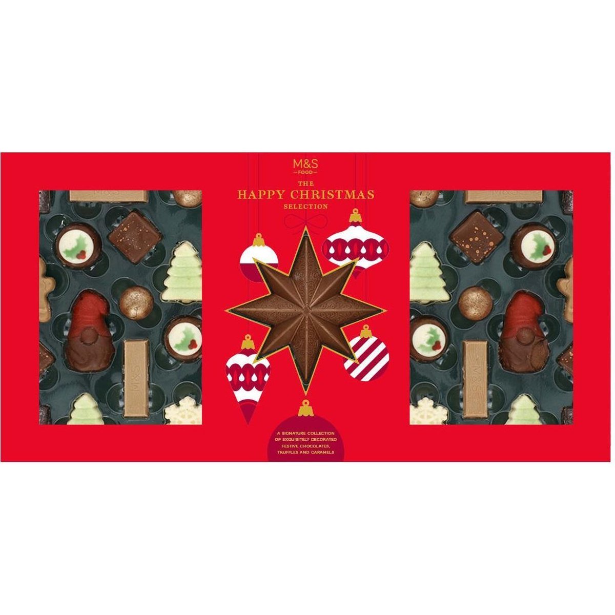 M&S Zdobená mléčná, hořká a bílá čokoláda a čokoláda s karamelizovaným cukrem, s různými náplněmi