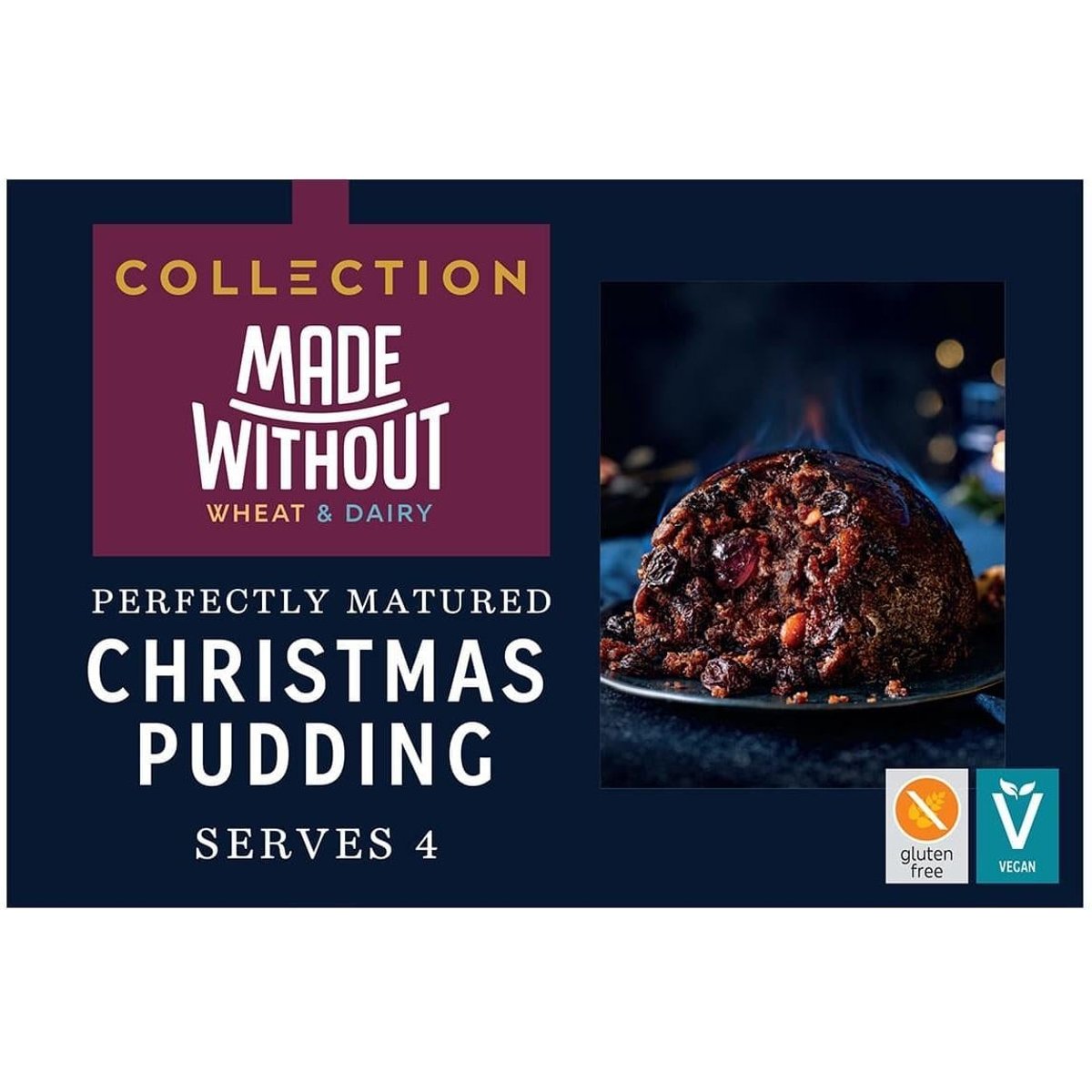 M&S Vánoční pudink se sušenými plody vinné révy, glazovanými třešněmi, mandlemi, jablky Braeburn, ciderem, brandy, koňakem a rumem vyrobený bez pšenic