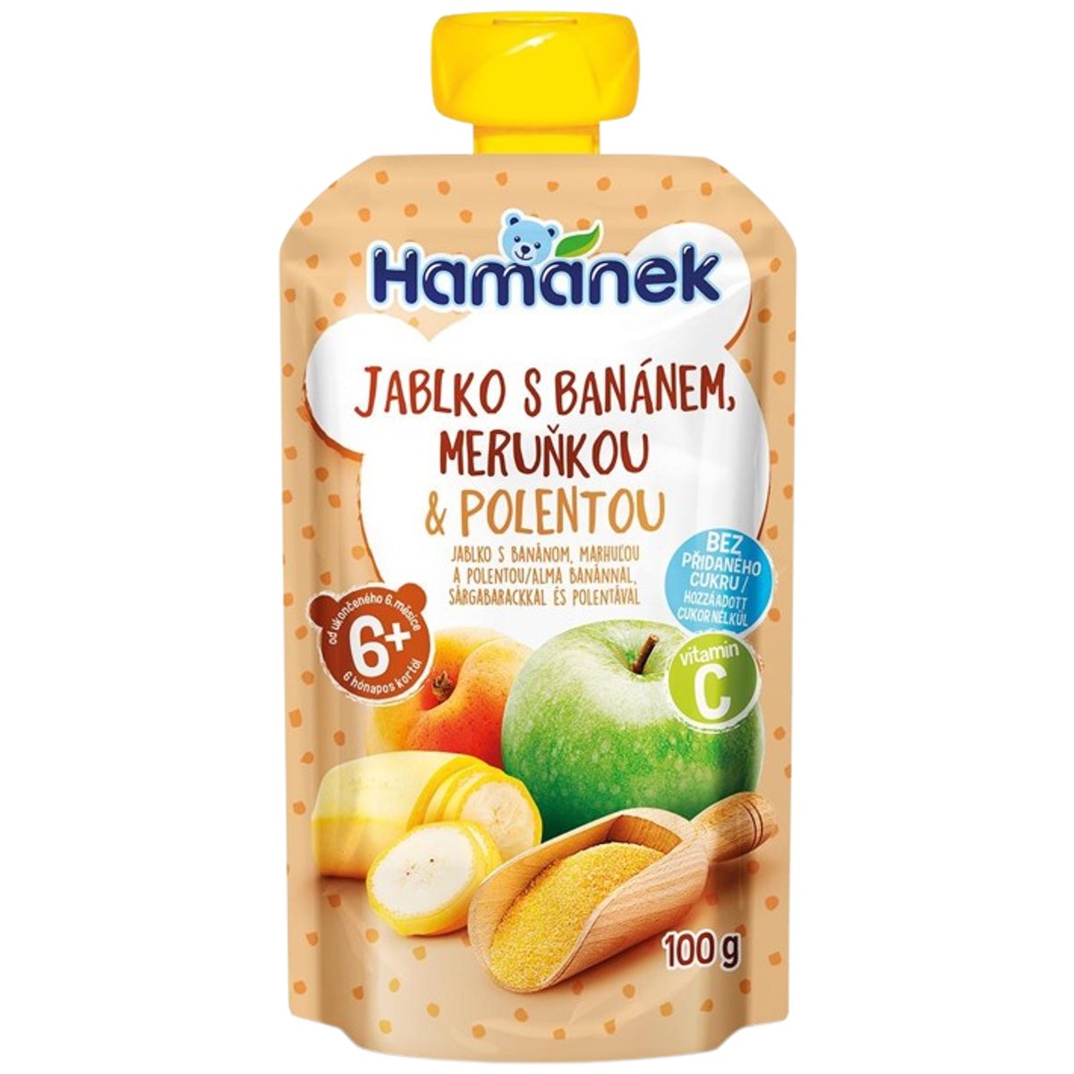 Hamánek Ovocná kapsička jablko, banán, meruňka a polenta