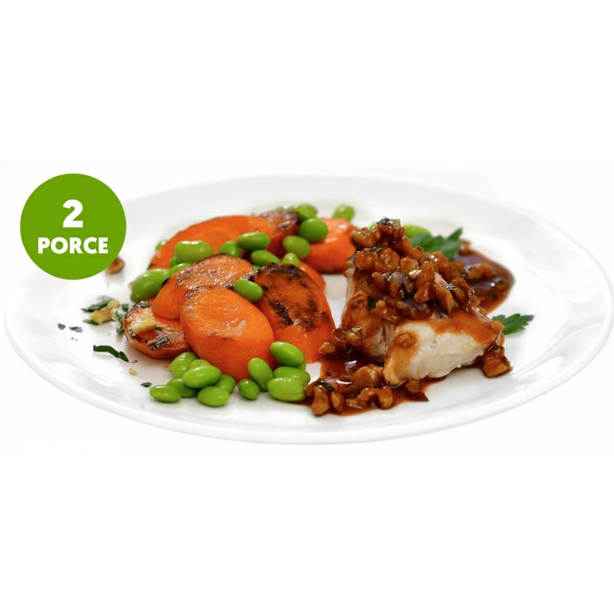 Glazovaná kuřecí prsa s bbq omáčkou s ořechy, karamelizovaná karotka a fazolky edamame (set k přípravě hotového jídla)