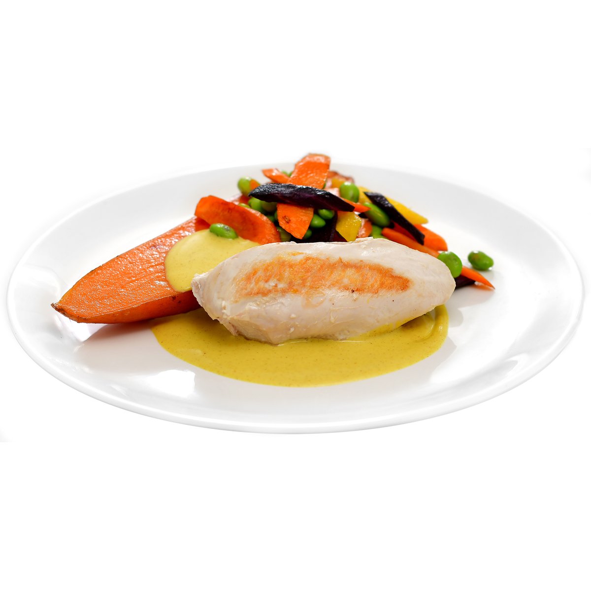 Kuřecí prsa s dijonskou omáčkou, opečeným batátem a křupavou zeleninou (set k přípravě hotového jídla)