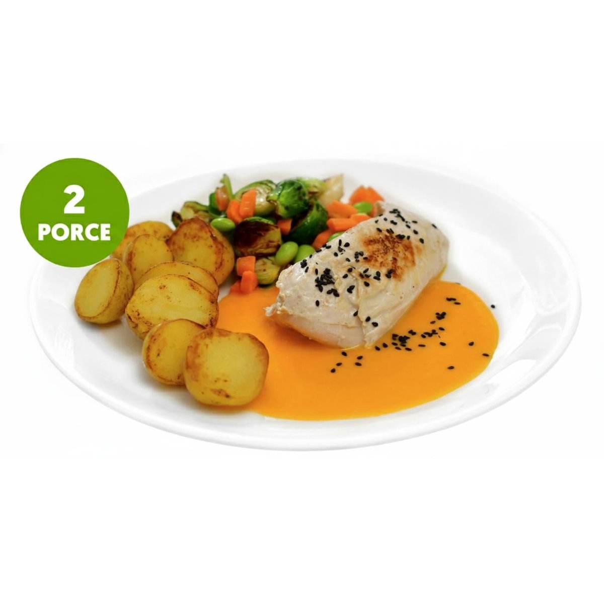 Kuřecí steak, dýňová omáčka s kokosovým mlékem, mini brambory a opečená zelenina (set k přípravě hotového jídla)