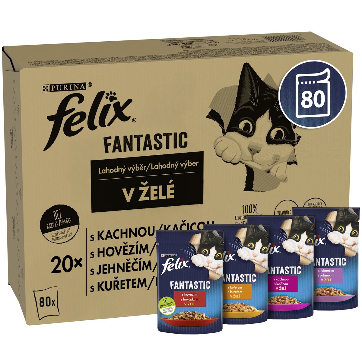 Felix Fantastic kapsičky pro kočky kachní, hovězí, jehněčí a kuřecí v želé 80×85 g
