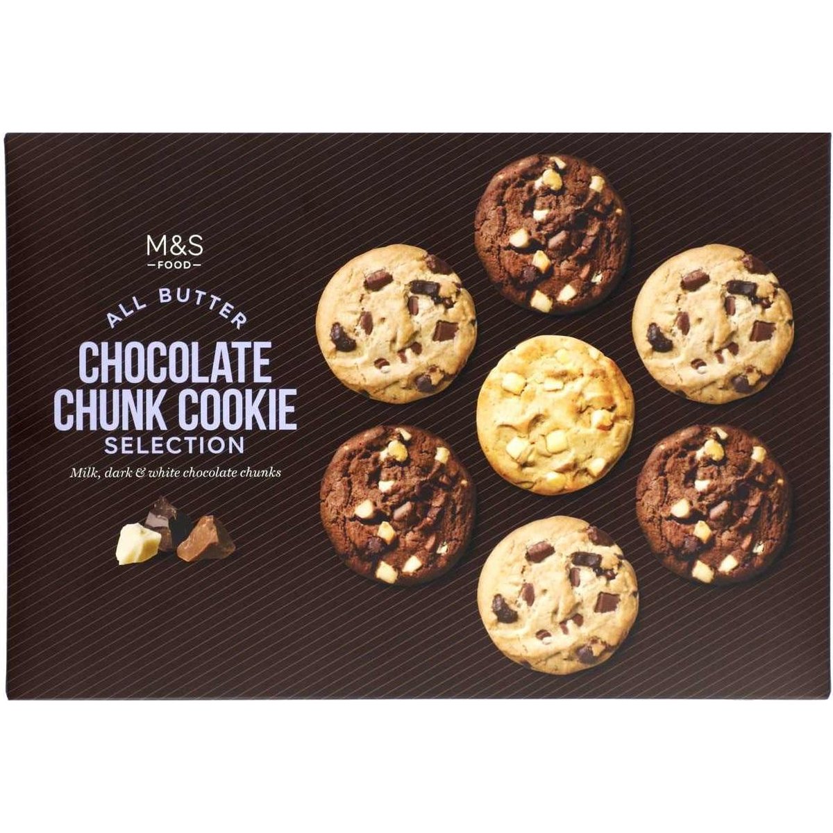 Marks & Spencer Kolekce máslových sušenek s kousky hořké, bílé a mléčné čokolády (20 sušenek, 3 druhy)