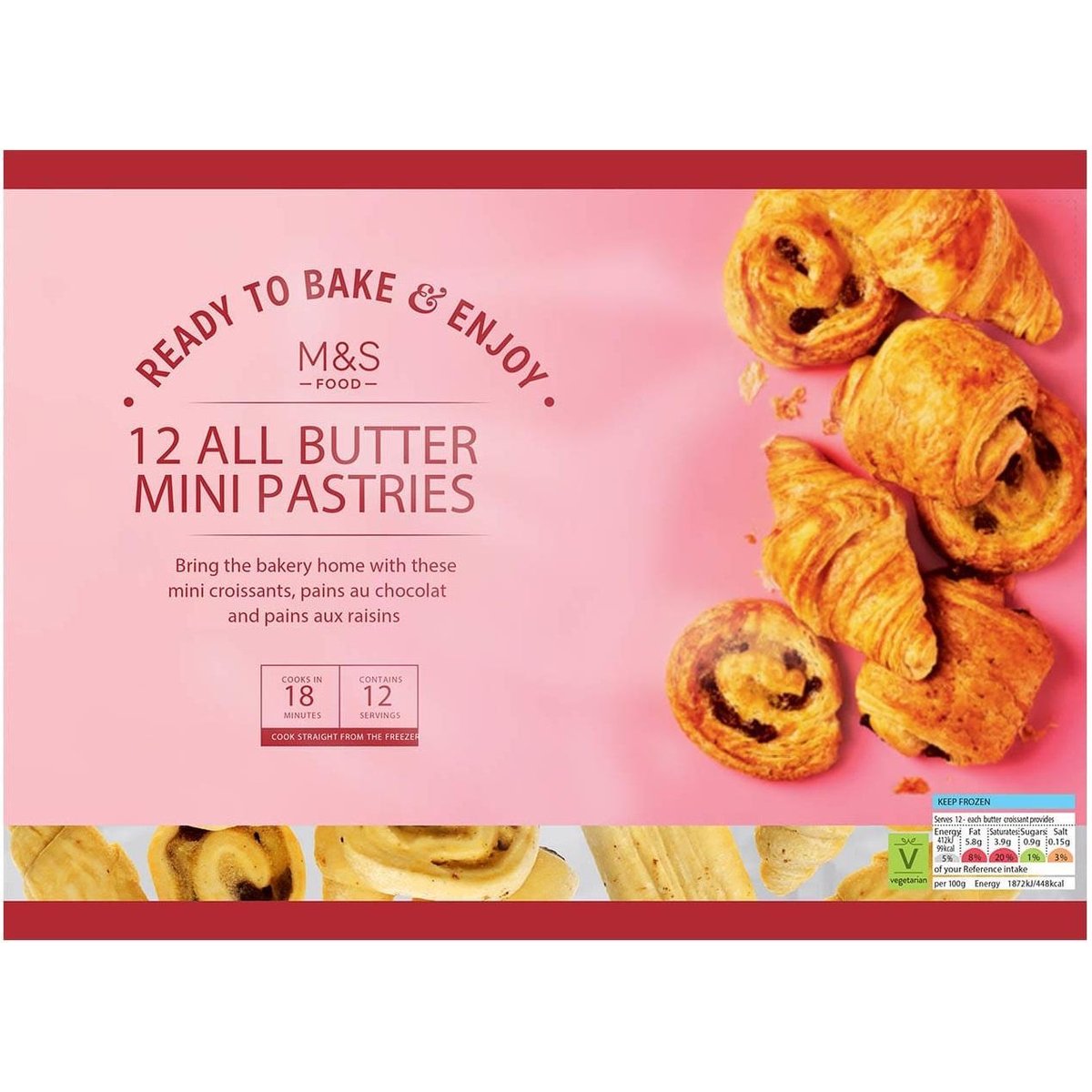 Marks & Spencer 12 kusů sladkého francouzského pečiva z máslového listového těsta určené k pečení: pains au chocolat, pains aux raisins a croissanty