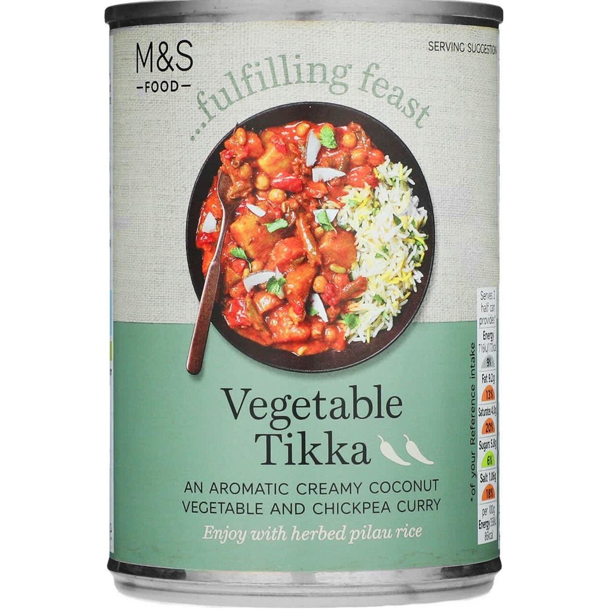 Marks & Spencer Zeleninová tikka – brambory, mrkev, zelené fazolky, červená paprika a cizrna v rajčatové omáčce s kokosem