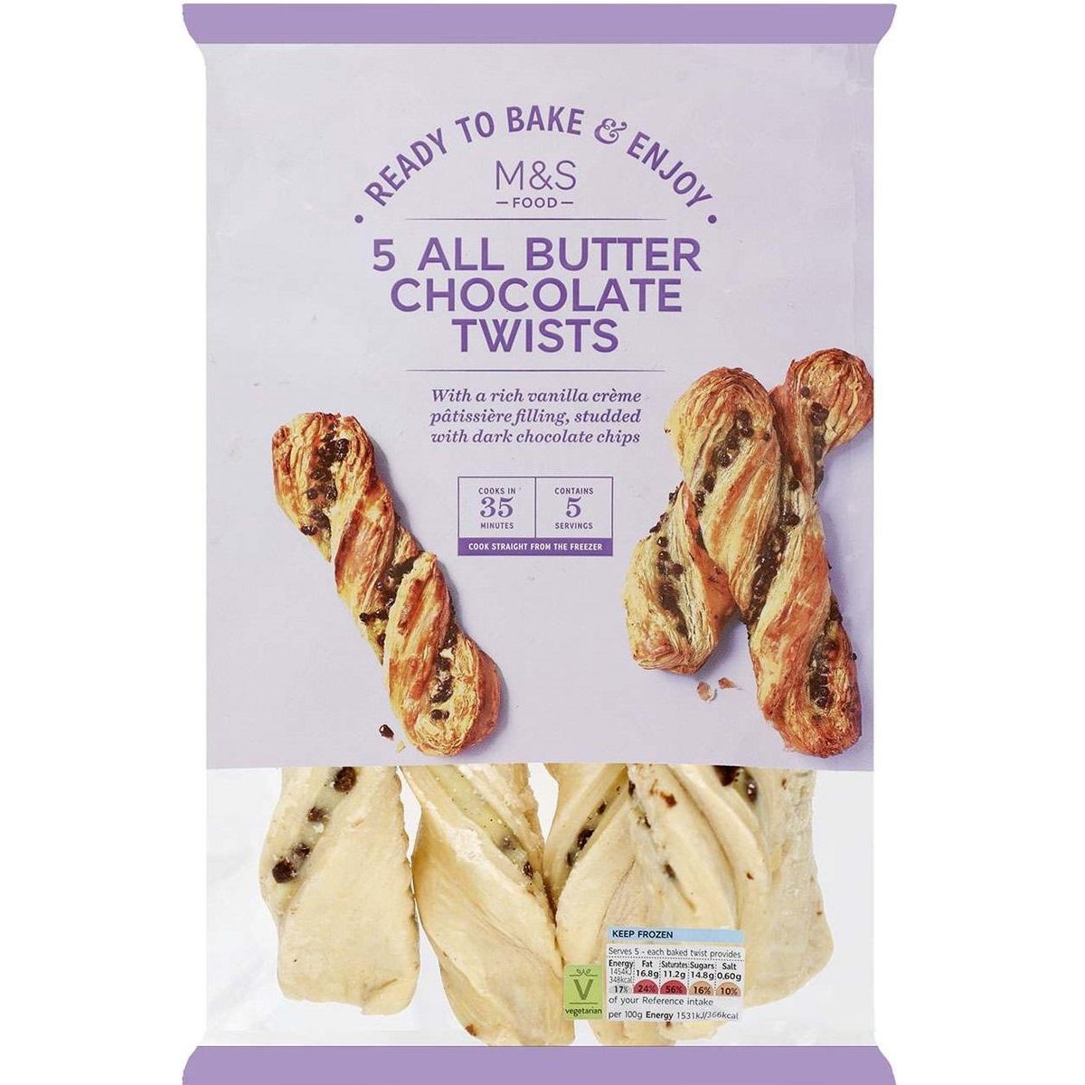 Marks & Spencer 5 točenek z máslového těsta plněných krémem crème pâtissière a kousky hořké čokolády, určených k pečení