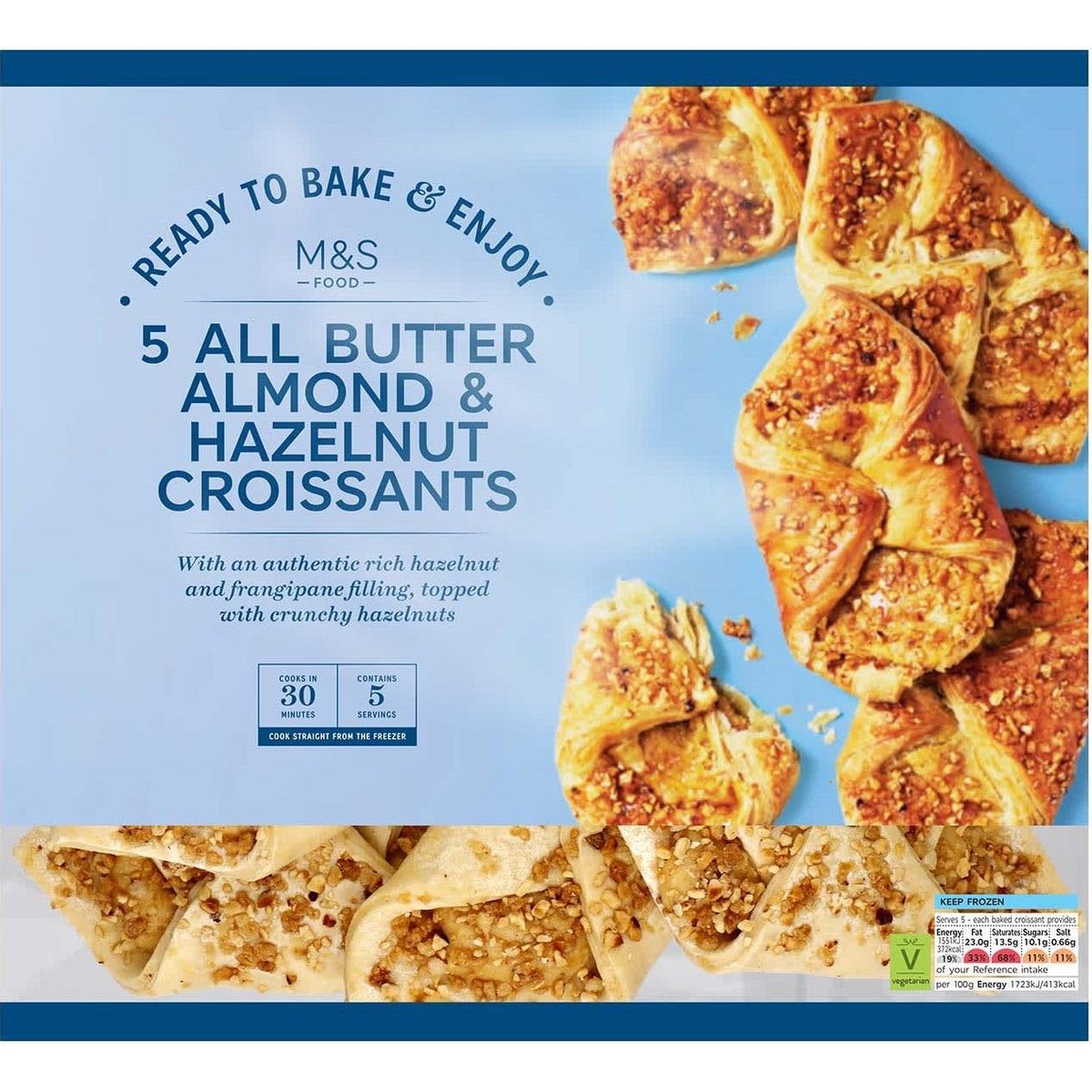 Marks & Spencer 5 croissantů z máslového (20 %) těsta plněných krémem z mandlí a lískových ořechů (25 %) a posypaných kousky lískových ořechů, určenýc