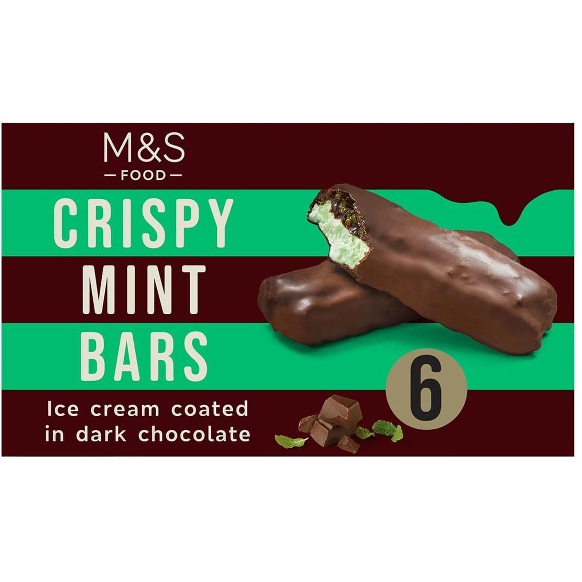 Marks & Spencer Zmrzlinové tyčinky s mátovou příchutí, s kakaovou polevou (31 %), čokoládovou omáčkou (8 %) a kousky cukru s mátovou příchutí (6 %)
