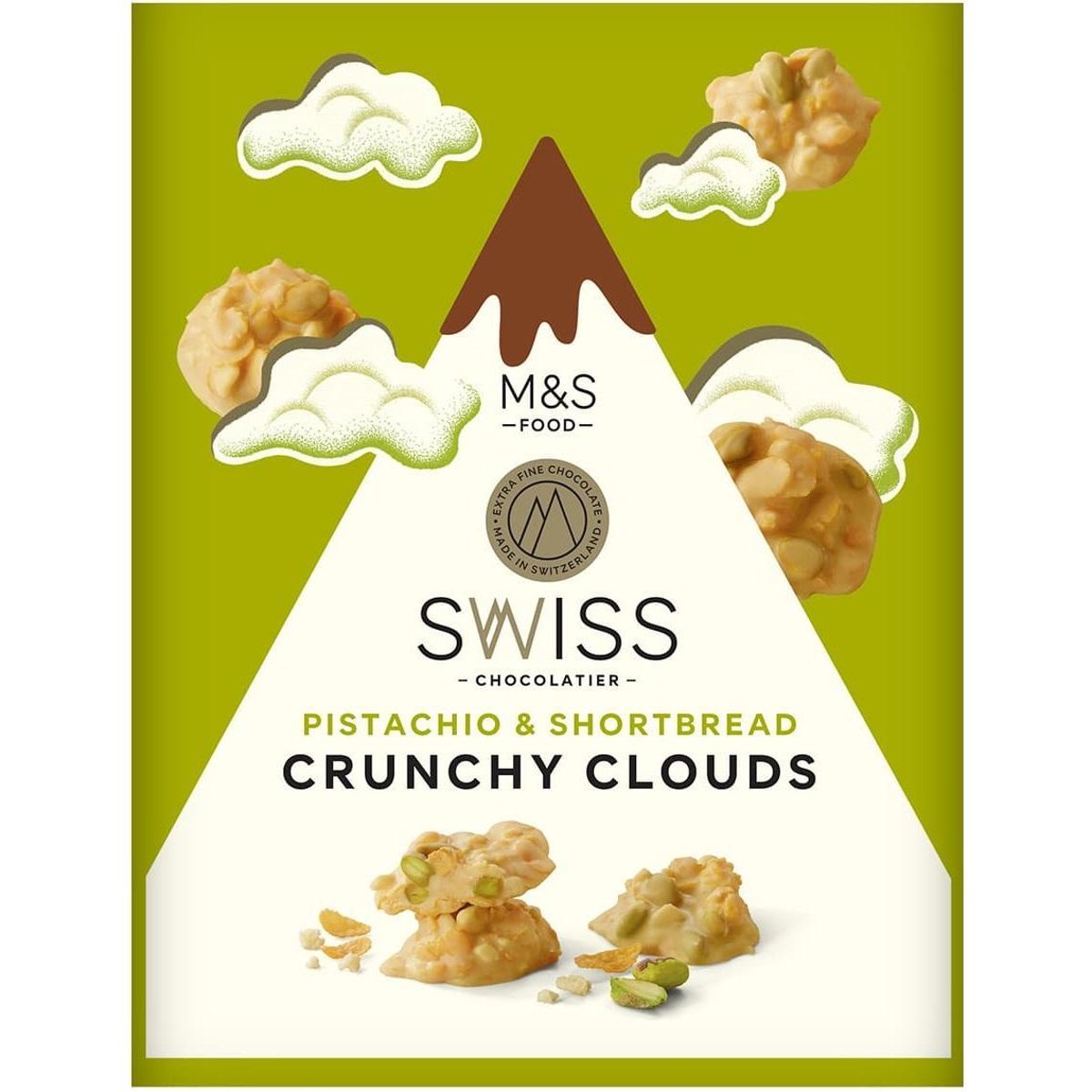 Marks & Spencer Bílá čokoláda s karamelizovaným cukrem (4 %) a kukuřičnými lupínky (13 %), kousky sušenek (8 %) a pistáciovými ořechy (6 %)