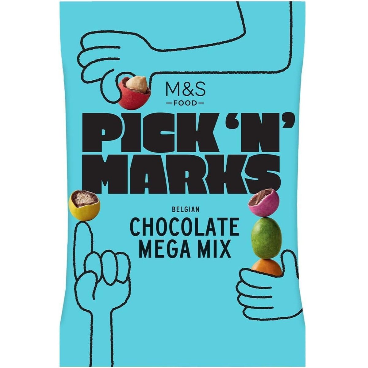 Marks & Spencer Mléčná čokoláda s rýžovým středem a barevnou cukrovou krustou, arašídy v mléčné čokoládě