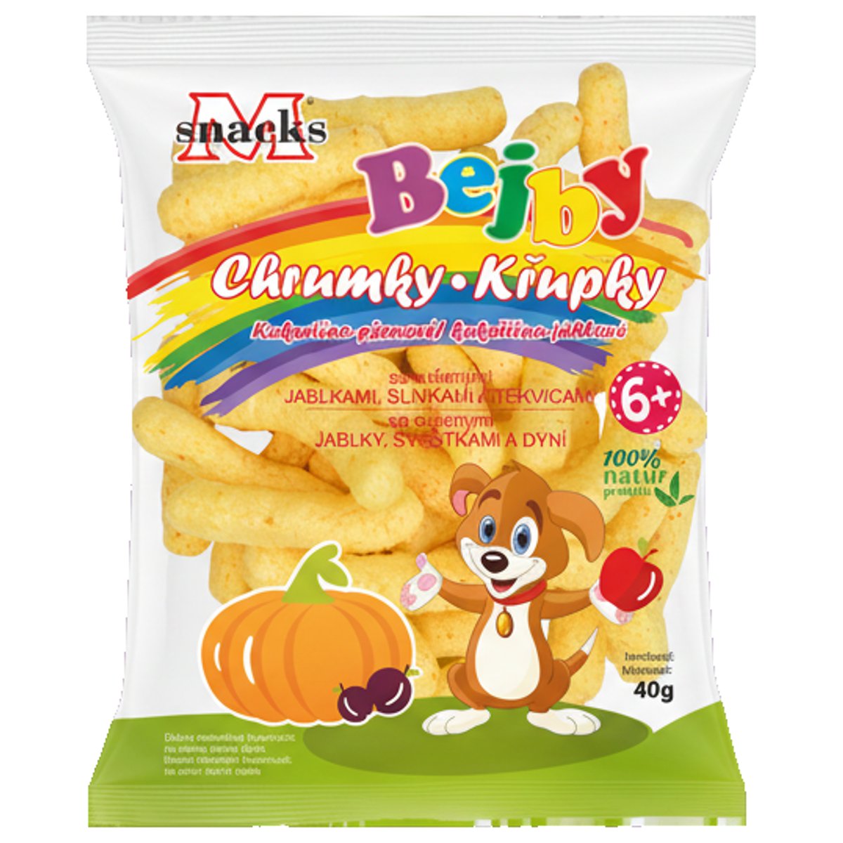 M Snacks Bejby kukuřično-jáhlové křupky se sušenými jablky, švestkami a dýní