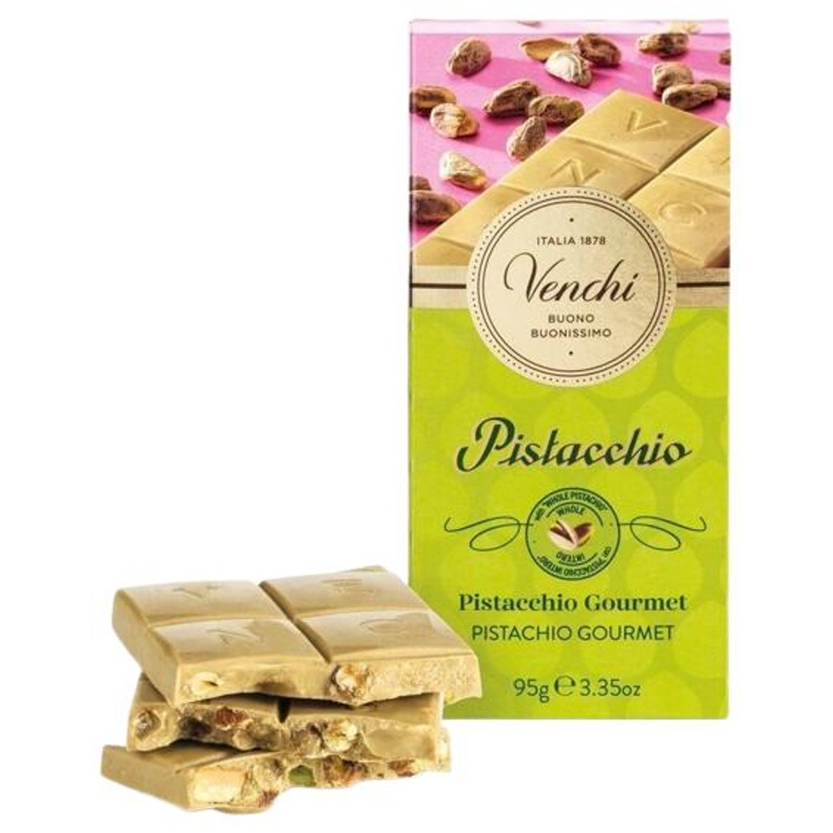 Venchi Bílá čokoláda s pistáciovou pastou a slanými pistáciemi