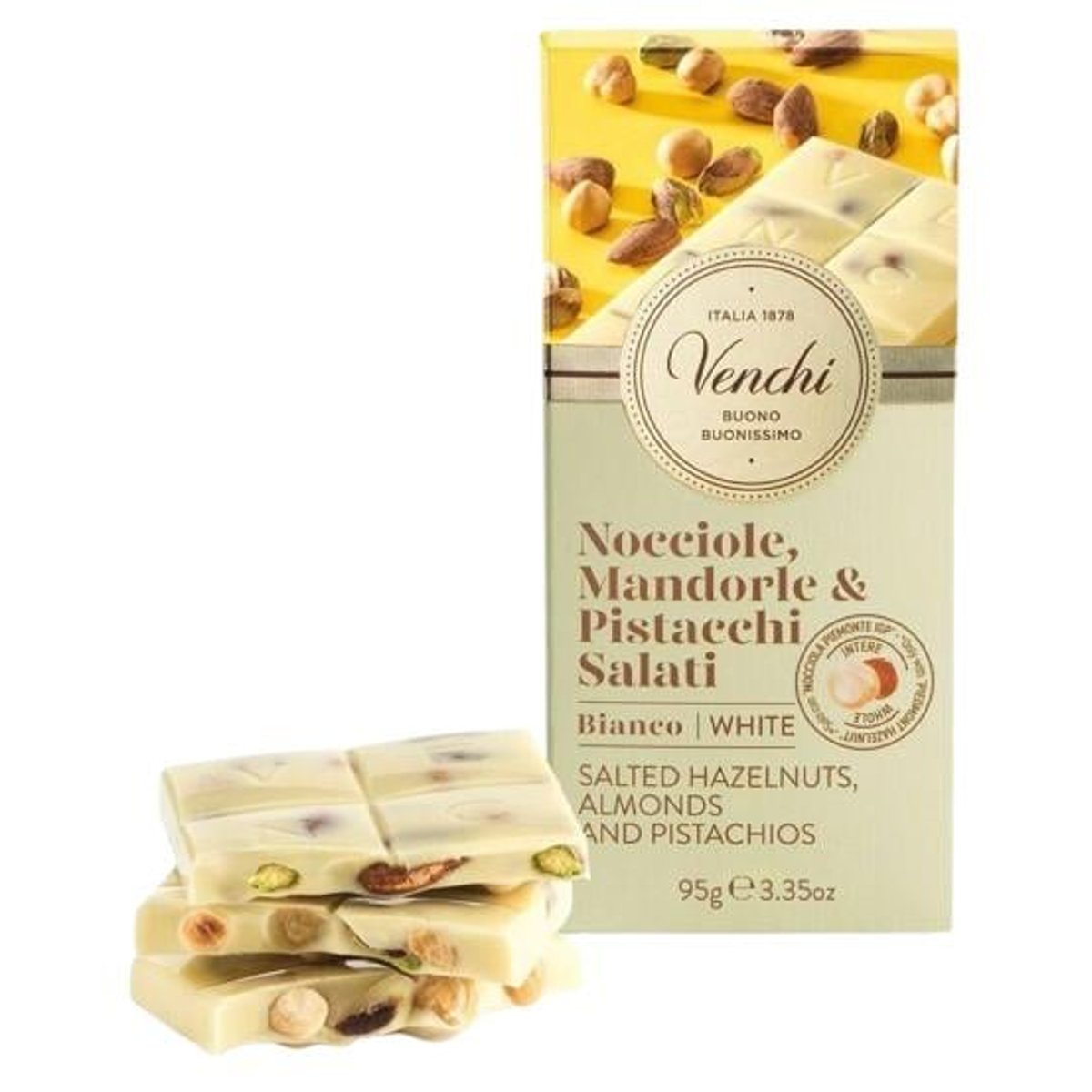 Venchi Bílá čokoláda se slanými mandlemi, pistáciemi a lískovými oříšky