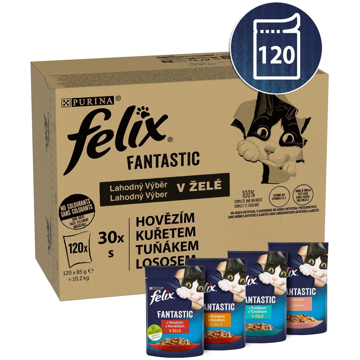 Felix Fantastic kapsičky pro kočky hovězí, kuře, tuňák, losos v želé 120×85 g