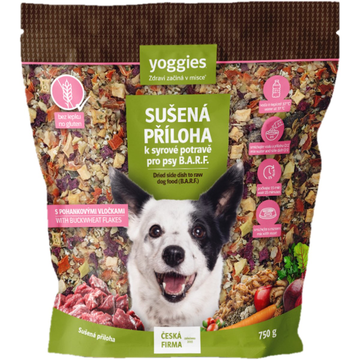 Yoggies B.A.R.F. Sušená příloha s pohankovými vločkami k syrové potravě pro psy
