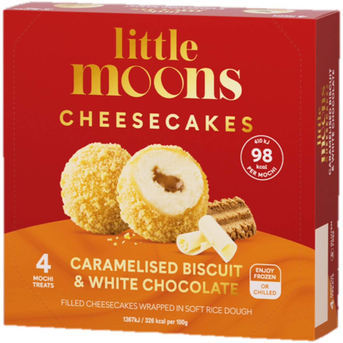 Little Moons Koláček plněný cheesecake náplní s příchutí karamelizovaných sušenek & bílé čokolády