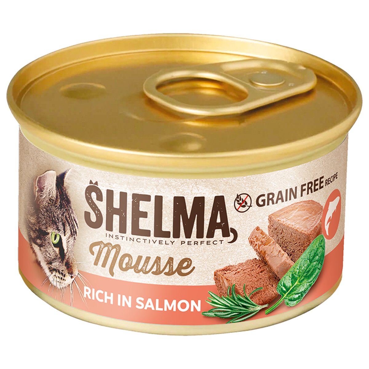 Shelma Konzerva pro kočky – losos, špenát, rozmarýn